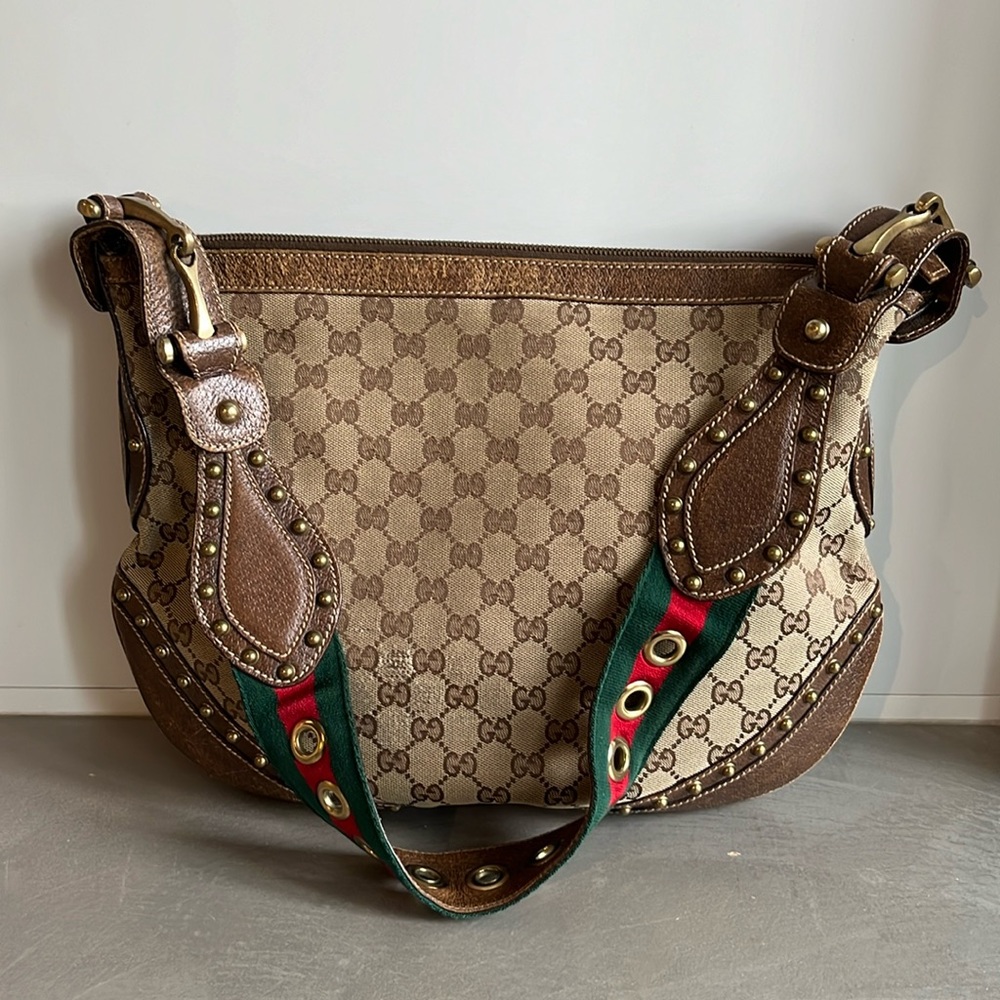 Gucci SS/05 Big Borchie Monogram Canvas Studded Shoulder Bag